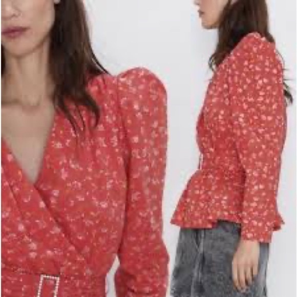 ZARA Belted Floral Wrap Style Long Sleeve Blouse - Picture 5 of 16